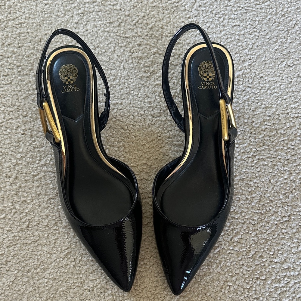 S O L D. Vince Camuto Black Patent Pointed Slingback Pumps with Gold Buckle